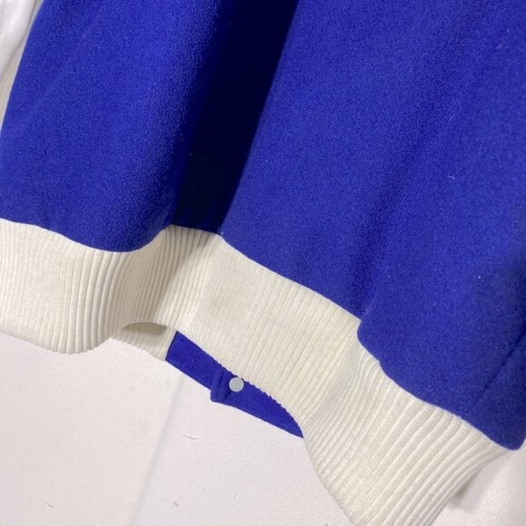 Vintage ‘77 Blue Varsity Jacket W White Leather Sleeves Wetaskiwin Sportshop S - Picture 11 of 16